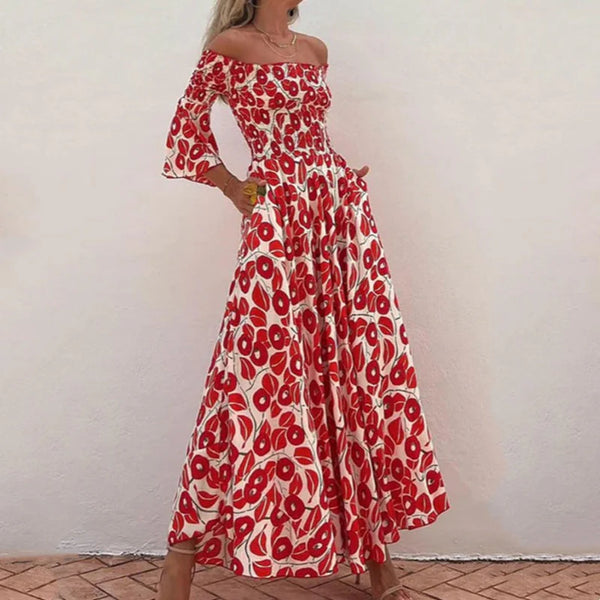 Long floral dress with off-the-shoulder sleeves and flared sleeves