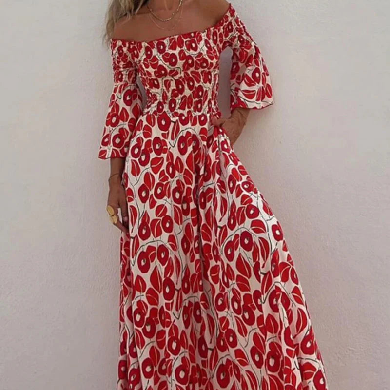 Long floral dress with off-the-shoulder sleeves and flared sleeves