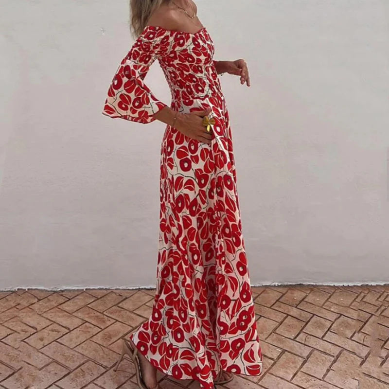 Long floral dress with off-the-shoulder sleeves and flared sleeves