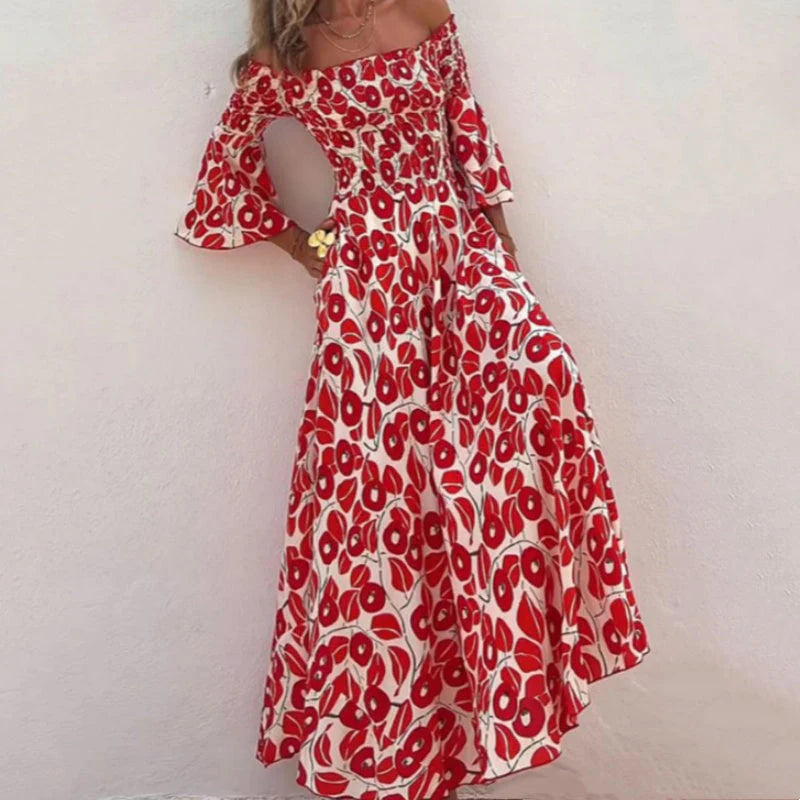 Long floral dress with off-the-shoulder sleeves and flared sleeves