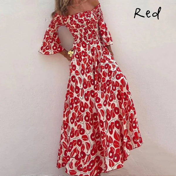 Long floral dress with off-the-shoulder sleeves and flared sleeves