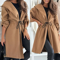 Trendy Tie Waist Hooded Long Coat