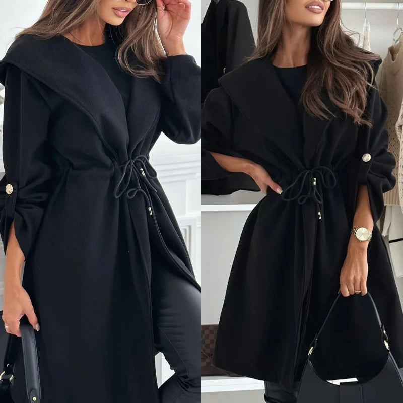 Trendy Tie Waist Hooded Long Coat