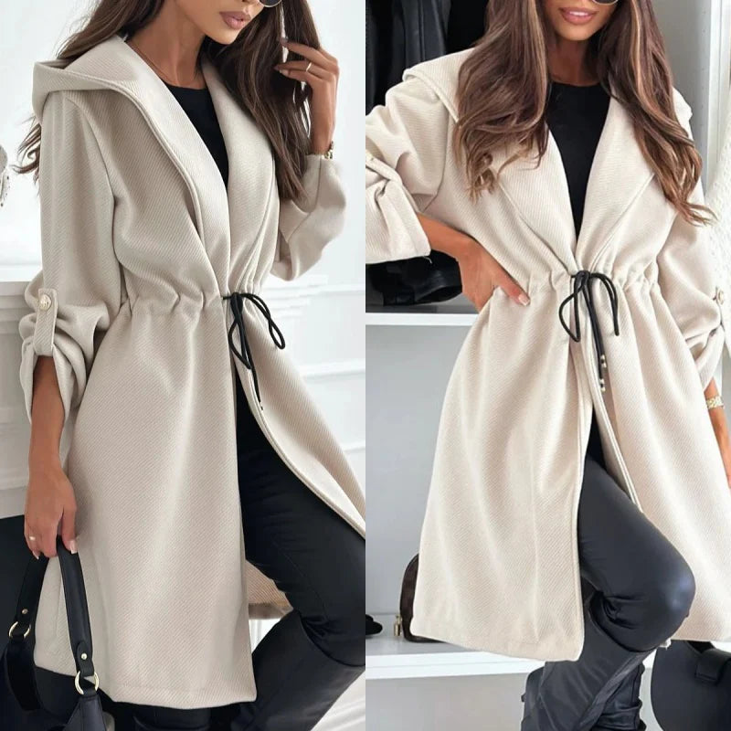 Trendy Tie Waist Hooded Long Coat