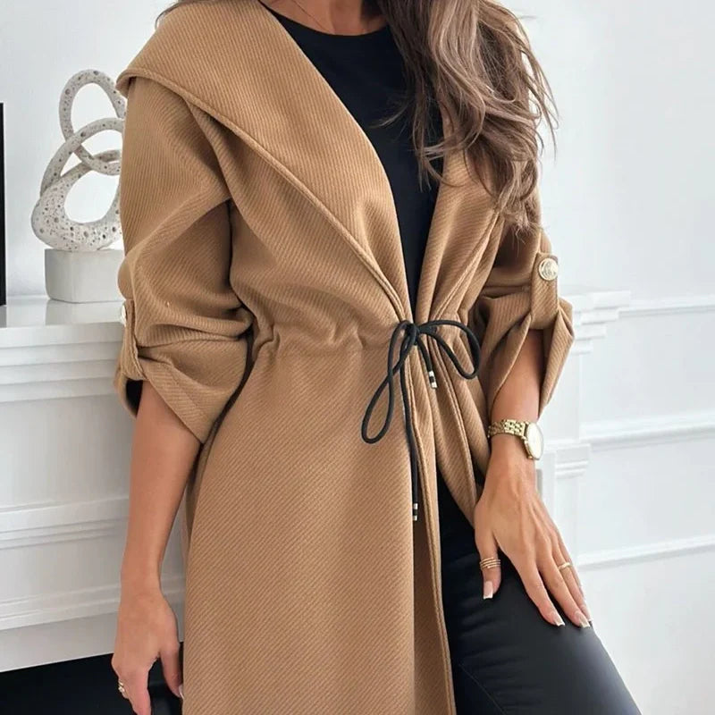 Trendy Tie Waist Hooded Long Coat