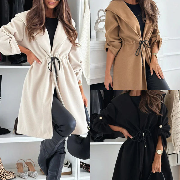 Trendy Tie Waist Hooded Long Coat